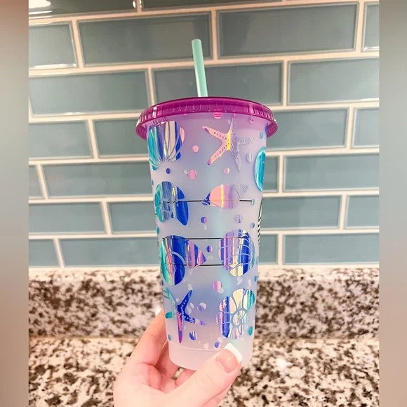 Starbucks Color changing Speckled cold cup w lid & straw NEW shell beach design - Picture 5 of 5